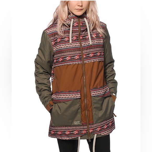Powder Room Women's Ski and Snowboarding Jacket in Aztec Green and Brown Design - Picture 1 of 7